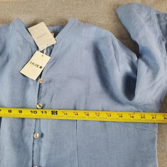 Lintico Womens Shirt Dress Tunic XL Blue 100% Linen Dillon Lagenlook Hand Button - Picture 10 of 12